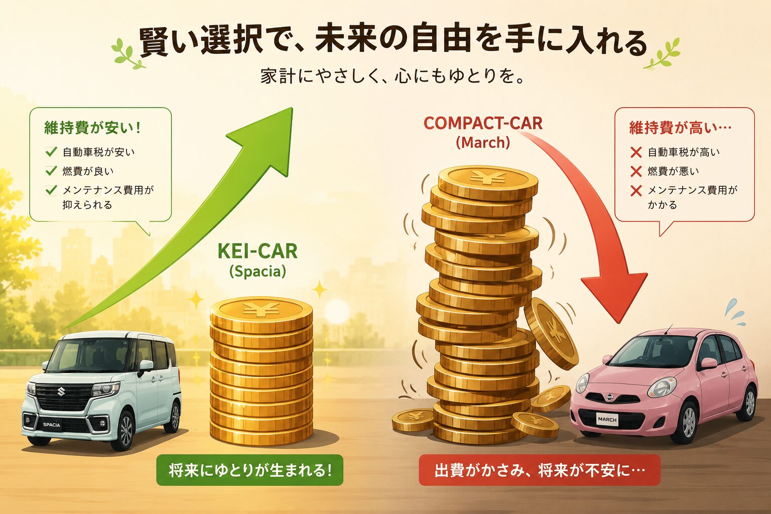 普通車と軽自動車の自動車税・維持費節約を表現した比較イメージ