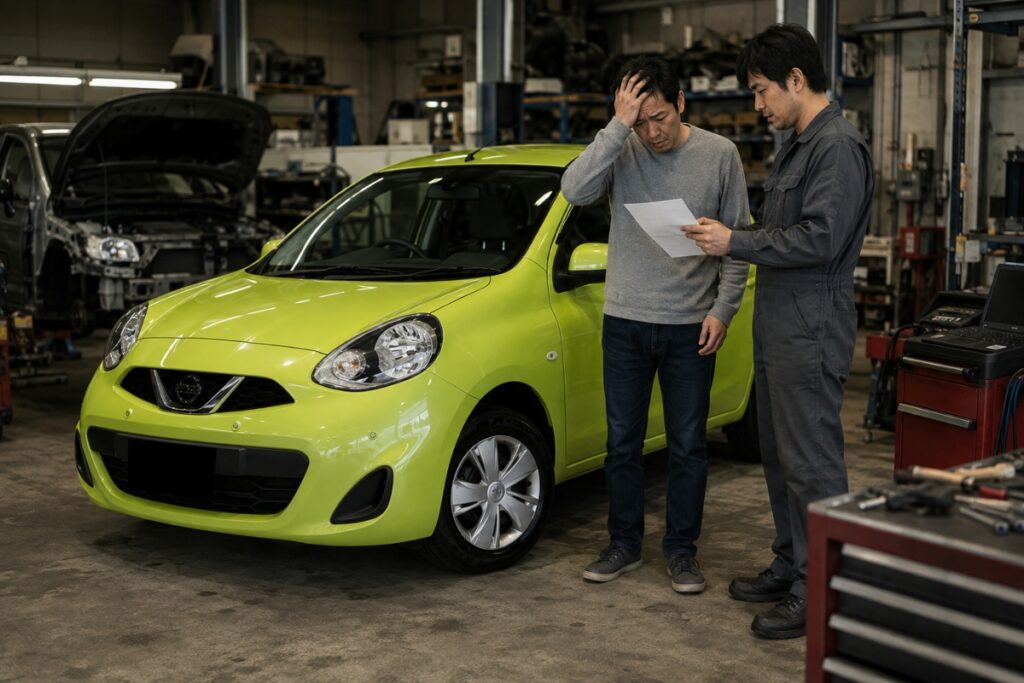 整備工場でライトグリーンのコンパクトカーの修理見積もりを見て頭を抱える男性と整備士