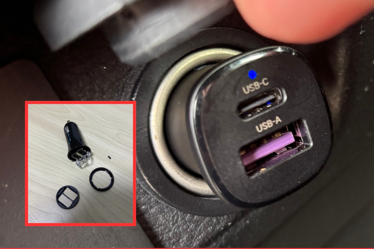 スペーシアに装着したUGREENカーチャージャーと、以前使用して破損した安価なカーチャージャーの比較