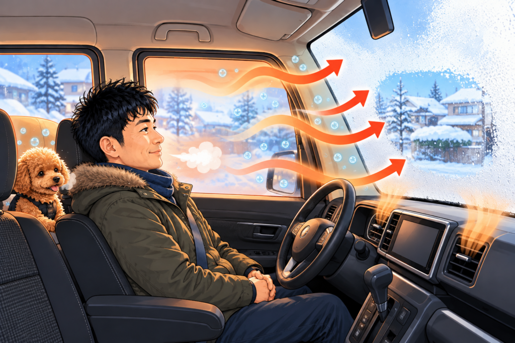 冬の朝、車内の暖かく湿った空気が冷えたフロントガラスに触れて曇る仕組みを表したイラスト