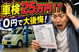 車検費用25万円の見積書を見て驚く男性と整備工場に停まる軽自動車
