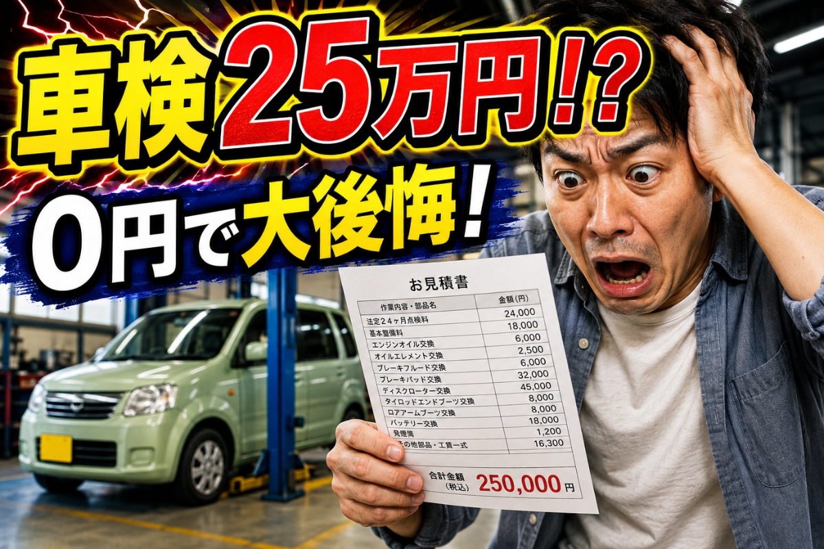 車検費用25万円の見積書を見て驚く男性と整備工場に停まる軽自動車