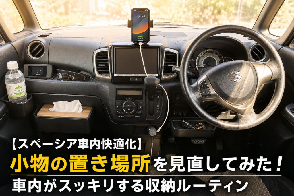 スペーシアの車内でスマホやモバイルWi-Fi、サングラス、ティッシュ、飲み物、車のキーをすっきり整理した収納ルーティンのイメージ画像