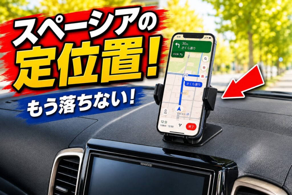 スペーシアのダッシュボード中央に固定したスマホホルダーでナビを表示している様子